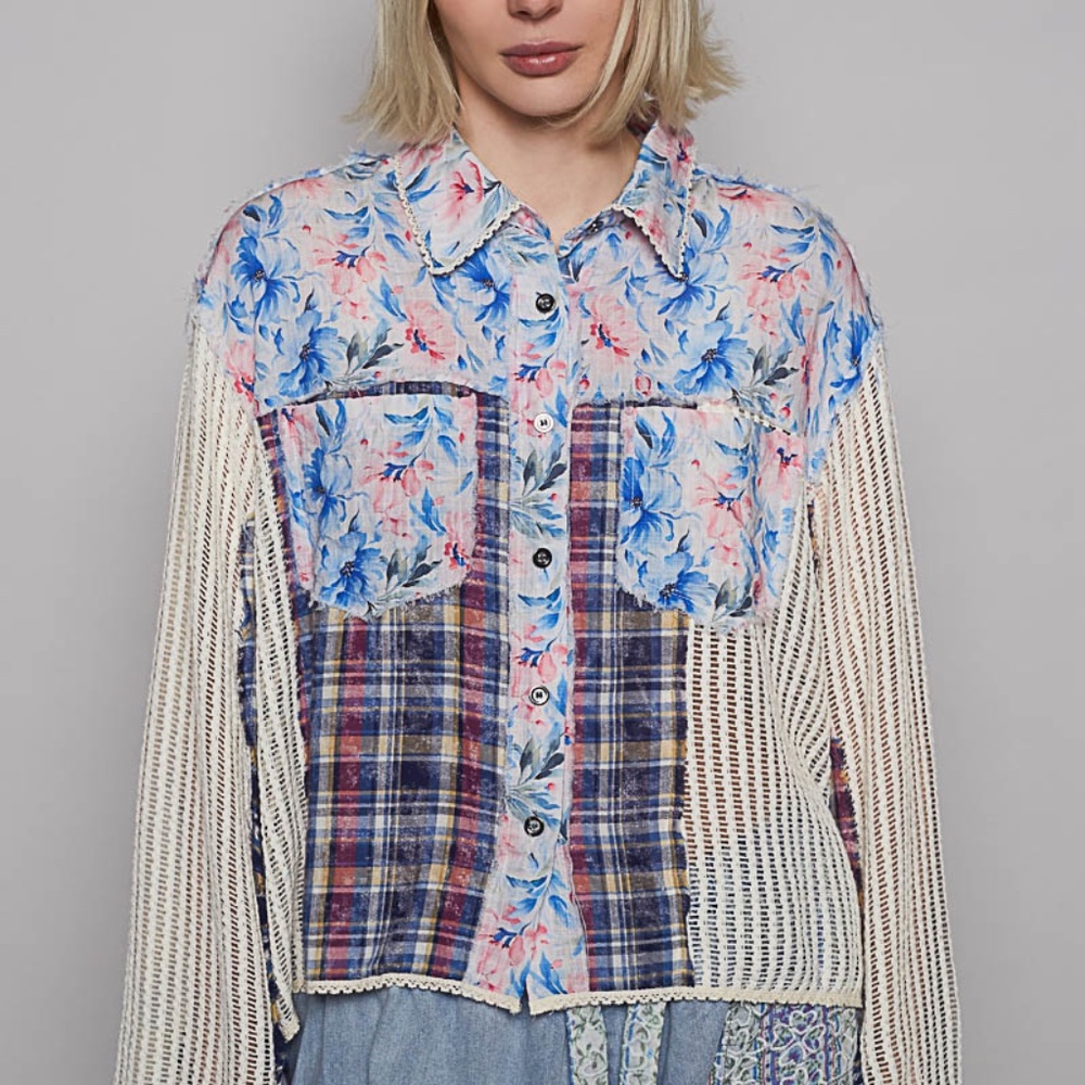 POL Patchwork Floral Plaid Lace Crochet Button Down Boho Top SZ S-M-L